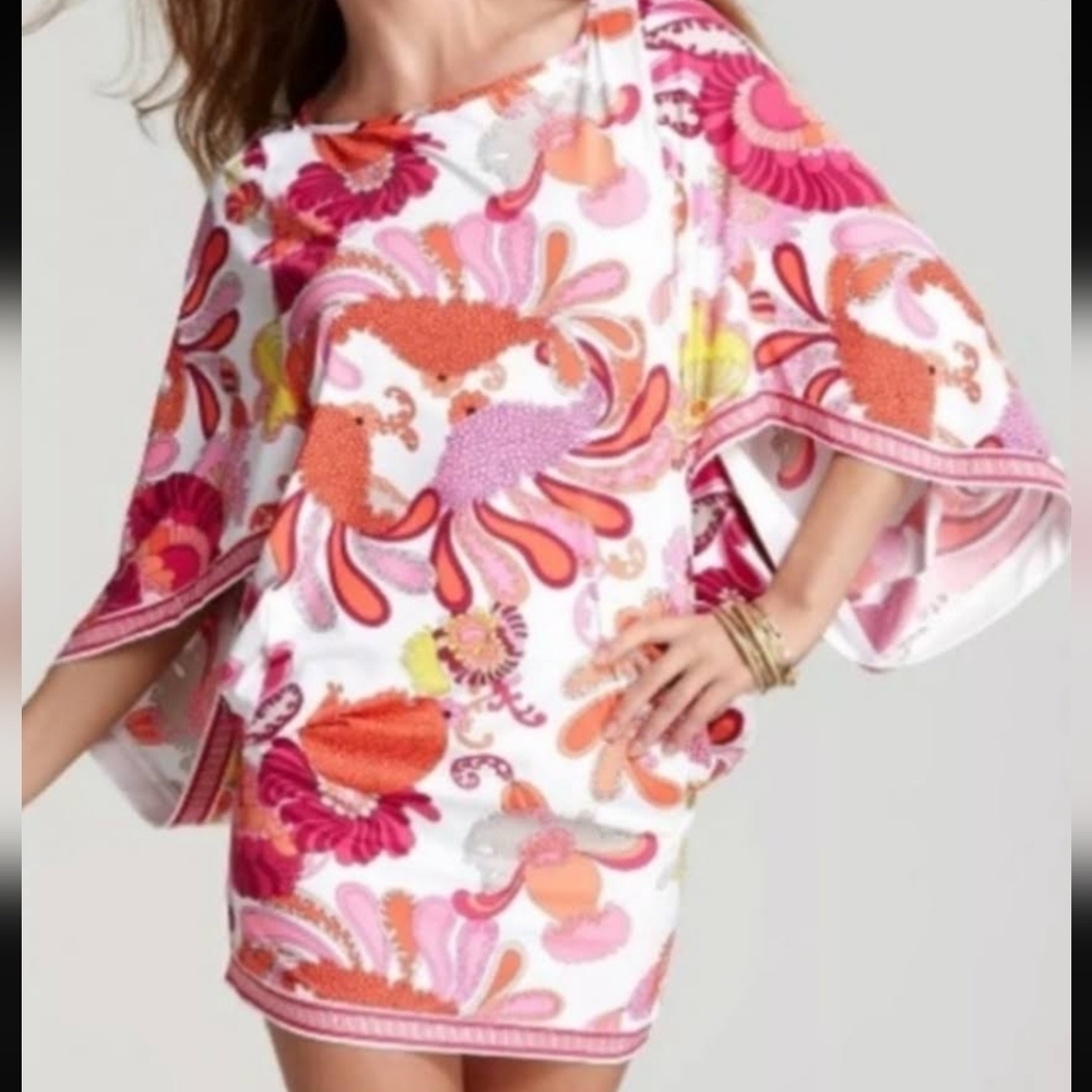 Trina Turk Swim Paisley Retro floral "Caprice" Tunic Cover up Dress Drop Sleeves